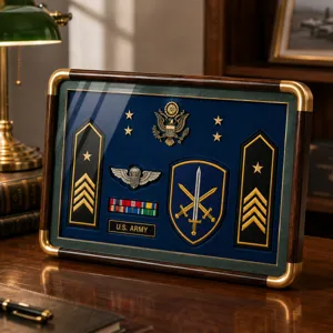 Close-up of military badges, medals and U.S. ARMY nameplate on a blue velvet display board