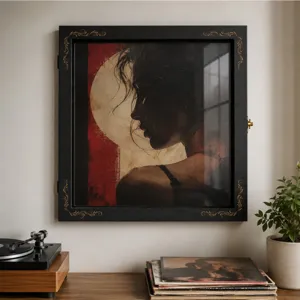 Wall display with a black frame, gold corner flourishes, glass front, and female portrait artwork