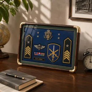 Framed military insignia display with gold-trimmed wooden frame, ribbons and U.S. ARMY plaque