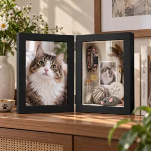 Display case with a cat collar, paw-print keepsake, toys and a small framed pet photo