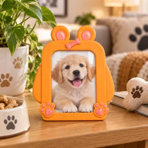 Orange cartoon frame with pink ears, bone and paw-print accents, displaying a puppy photo at home