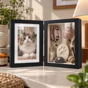 Black hinged display frame pairs a cat portrait with a keepsake box of collar, paw print and toys