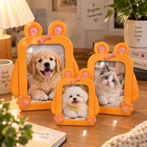 Three orange pet-shaped frames with pink paw and bone accents display animal portraits on a desk