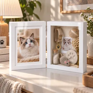 Open white frame displaying a cat portrait, collar, toy mouse, and paw print keepsakes