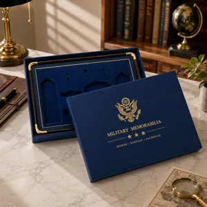 Navy presentation box with a gold eagle emblem, velvet insert, shaped compartments and gold trim