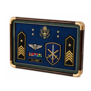 Front angled view of a military medal display shadow box with blue velvet backing and gold trim