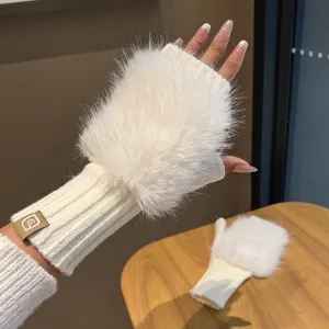 Damen Halbfinger Strickhandschuhe Herbst Winter Dick Warm Kunstpelz Dekoration Häkeln Fingerlose Fäustlinge Für Büro Schreiben Kaltes Wetter
