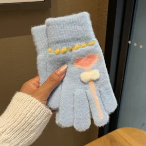 Süße Herz Jacquard Strickhandschuhe Winter Warm Kristallsamt Verdickte Vollfingerhandschuhe Für Ältere Kinder Mädchen Studenten