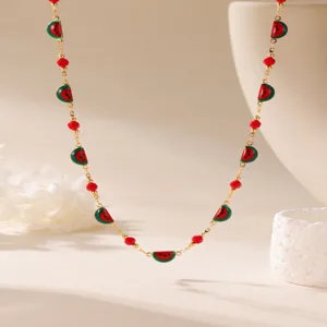 Fresh Sweet Style Watermelon Pendant Necklace For Women 18K Gold Plated Stainless Steel Beaded Enamel Fruit Jewelry Gift