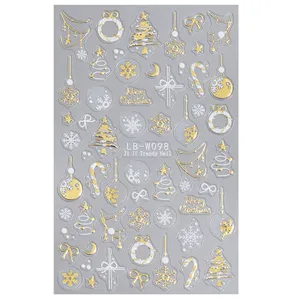 Weihnachten Nagelkunst Aufkleber 5D Geprägt Gold Weiß Schneeflocke Baum Maniküre Dekoration DIY Festliche Nagelsticker Für Damen