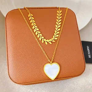 Women Titanium Steel Gold Plated Double Layer Heart Necklace with White Mother of Pearl Pendant Elegant Fashion Jewelry