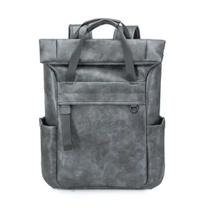 Sac à Dos Roll Top Unisexe Imperméable en Cuir PU Sacoche pour Ordinateur Portable Rétro Multifonction Grande Capacité Voyage École