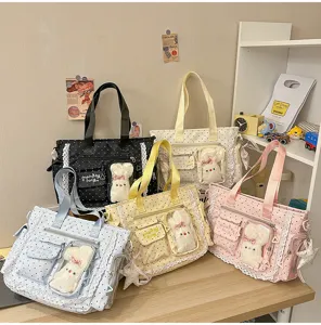 Sacs à pois multicolores avec dentelle, poche transparente et breloque ours en peluche