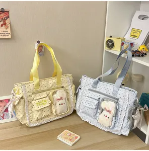 Sacs à pois jaune pâle et bleu clair, avec dentelle, poches transparentes et breloques en peluche