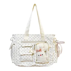 Tote bag anime blanc à pois, bordure en dentelle, poche transparente et peluche lapin