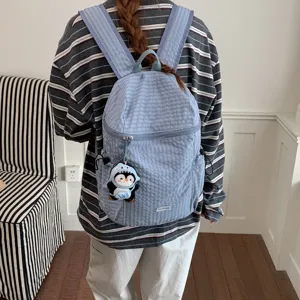 Foldable Sport Backpack Waterproof Lightweight Portable Travel Bag For Men Women Grid Pattern Daypack With Penguin Pendant