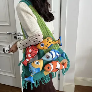 Dames Gebreide Tote Bag Grote Capaciteit Met 3D Pluche Vis Decoratie En Kwastjes Patchwork Geweven Schoudertas Casual Shopper Cadeau