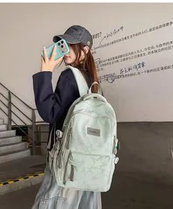 Vue urbaine d’un sac à dos vert menthe à motif d’étoiles, porté par un mannequin près d’un escalier