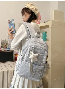 Modèle vu de dos portant un sac gris à étoiles blanches, avec panneaux rayés et breloque pendante