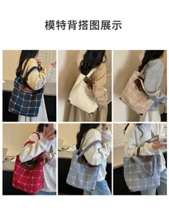 Collage mit sechs Ansichten: Models tragen karierte Taschen in mehreren Farben mit braunen Details