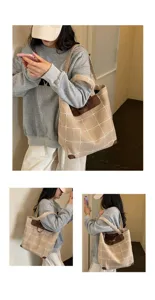 Lifestyle-Collage zeigt eine beige karierte Tragetasche mit braunen Details über der Schulter
