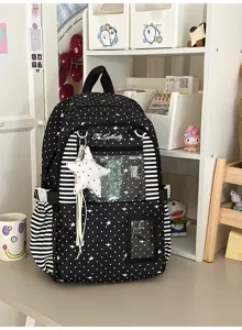 Tissu noir à étoiles et pois, bandes rayées, poche transparente et breloque étoile blanche