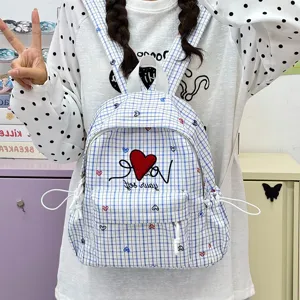 Japanese Ins Style Plaid Backpack For High School Girls Cute Heart Embroidery Large Capacity Nylon Student School Bag