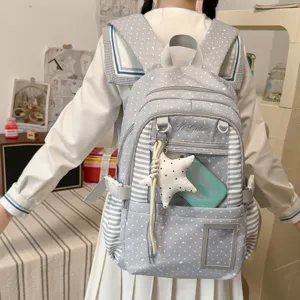 Sac à Dos Scolaire pour Femme Étudiante Imprimé Pois Étoiles Grande Capacité Nylon Imperméable Avec Pendentif Étoile