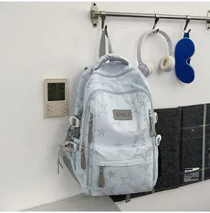 Sac à dos bleu clair à étoiles grises, avec poches zippées devant, suspendu au mur