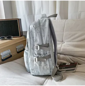 Vue latérale d’un sac à dos bleu clair à étoiles, avec sangles grises, boucles et poches zippées