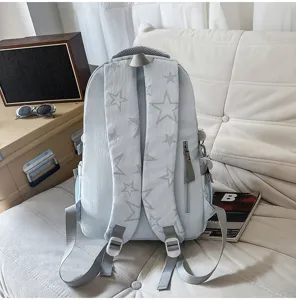 Dos d’un sac à dos bleu clair, avec étoiles grises sur les bretelles et poche latérale zippée