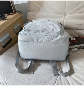 Vue arrière d’un sac bleu clair à étoiles argentées, avec ses bretelles réglables bien visibles