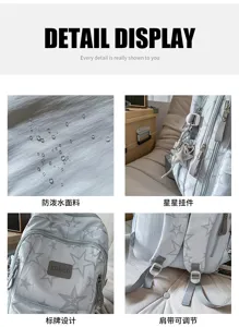 Détails du tissu déperlant, du pendentif étoile, de l’étiquette et des bretelles réglables du sac