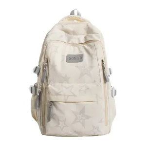 Sac à dos scolaire crème à étoiles grises, avec plusieurs poches zippées, vu de face sur fond blanc