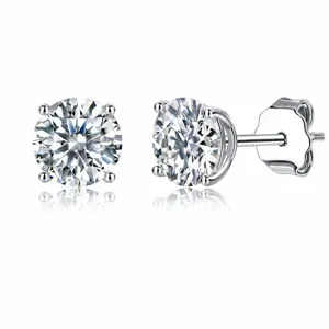 Boucles d'Oreilles Clous Rondes en Argent Sterling S925 Moissanite Design Classique à Quatre Griffes Bijoux de Luxe Brillants pour Femmes