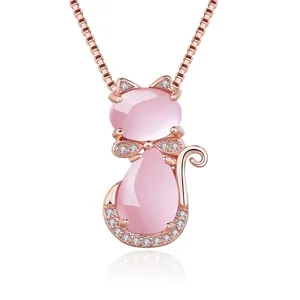 Koreanischer Stil Kupfer Roségold Plattiert Rosa Kristall Katze Anhänger Halskette Süß Tier Schmuck Geschenk Für Damen