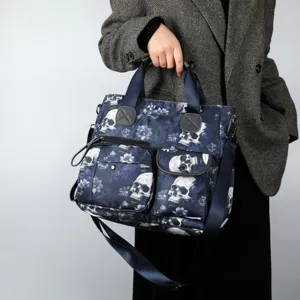 Bolso de Hombro Casual de Tela Oxford para Mujer Gran Capacidad Bolso Tote Cruzado Moda Estampado Floral de Calavera Bolso de Viaje