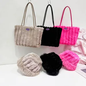 Set borsa tote e cappello da pescatore in peluche caldo invernale da donna borsa soffice casual