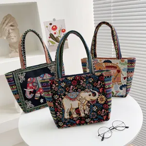 Ethnic Style Canvas Tote Bag Women Handbag Casual Embroidered Shoulder Bag Elephant Owl Animal Pattern Shopping Bag