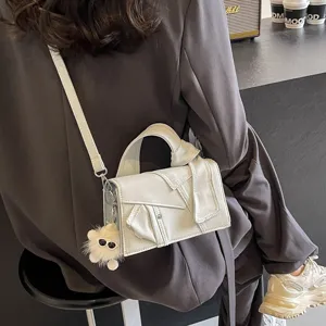 Women Denim Crossbody Bag Casual Patchwork Shoulder Bag Chic Small Square Handbag Daily Commuter Bag With Plush Pendant