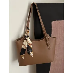 Gran Capacidad Bolso Tote De Cuero PU Para Mujer Commute Casual Bolso De Hombro Con Pañuelo Moda Bolso De Mano Diario Bolsa De Trabajo