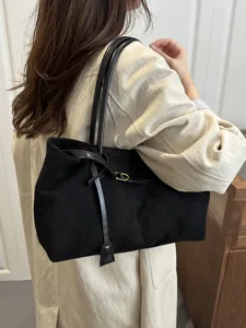 Vintage Grote Capaciteit Kunstsuède Tote Tas Voor Dames Casual Woon-werk Schoudertas Effen Kleur Stiksels Mode Handtas
