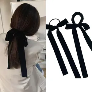 French Retro Velvet Bow Hair Tie Long Ribbon Ponytail Holder Elastic Hair Ropes Daily Hair Accessories For Women