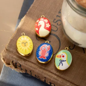 Handmade Ceramic Double Sided Hand Painted Pendant Electroplated Cute Animal Flower DIY Jewelry Making Charm Accessories