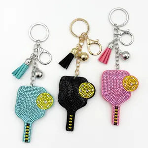 Rhinestone Tennis Racket Keychain With Tassel Pendant Cute Crystal Bag Charm Metal Key Ring Accessory For Women
