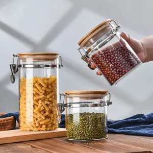 Pot de Stockage de Nourriture en Verre Borosilicaté Clair Avec Couvercle en Bambou et Boucle d'Étanchéité Organisateur de Cuisine