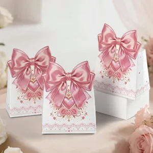 European Style Wedding Candy Gift Box With Decorative Bow Heart Flower Pattern Elegant White Cardboard Box For Party Favors Wedding Souvenir