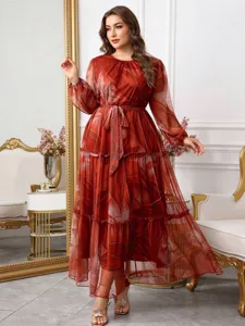 Übergröße Elegantes Langes Kleid Damen Herbst Botanischer Blumen Print Langarm Rundhals Bindetaille Gestuftes Maxi Kleid