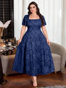 Women Plus Size Jacquard Evening Dress Square Collar Short Flutter Sleeve High Waist Loose Long Dress Summer Party Wear