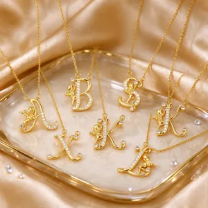 Angel Initial Letter Pendant Necklace For Women Copper 18K Gold Plated Zirconia Clavicle Chain Elegant Alphabet Jewelry Gift